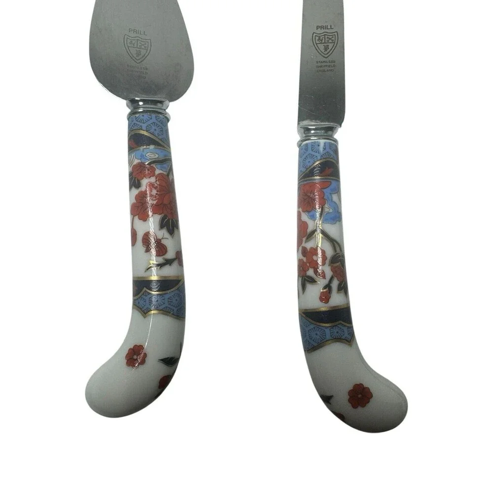 Vintage Sheffield House of Prill Chinoserie Porcelain Handle Cheese Set- Knife